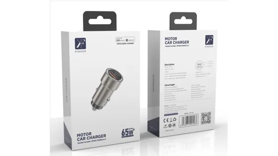 65W Fast Car Charger · USB-C + USB-A — packaging
