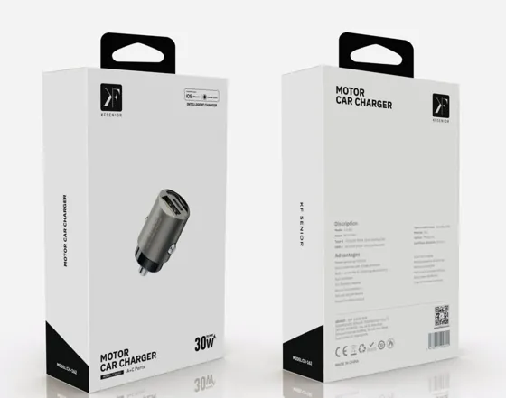 30W Fast Car Charger · USB-C + USB-A — packaging