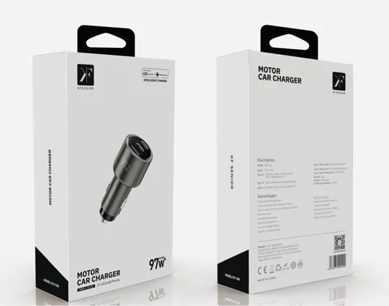 97W Fast Car Charger · 2× USB-C + USB-A — packaging