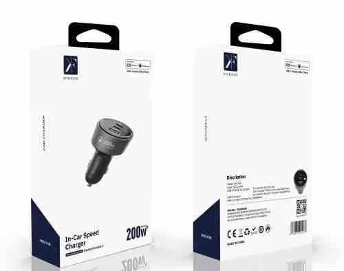 200W Fast Car Charger · 2× USB-C + USB-A — packaging