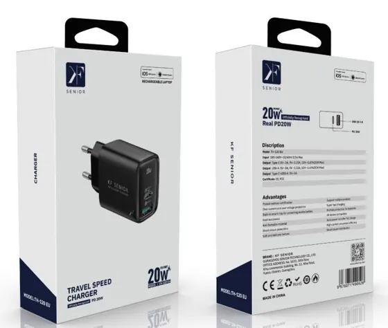 20W Fast Charger · USB-C + USB-A · EU Plug — packaging
