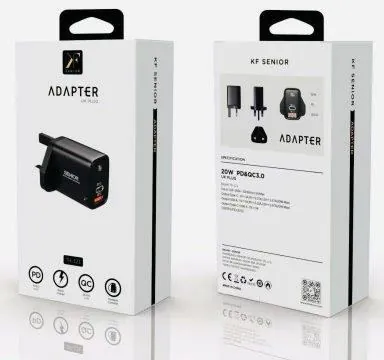 20W Fast Charger · USB-C + USB-A · UK Plug — packaging