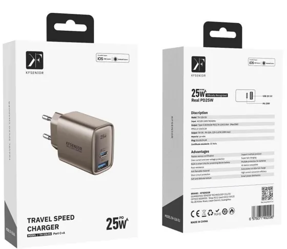 25W GaN Fast Charger · USB-C + USB-A — packaging
