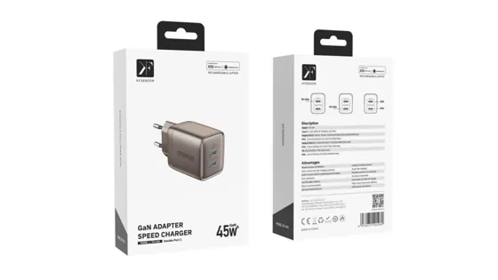 45W GaN Fast Charger · 2× USB-C — packaging