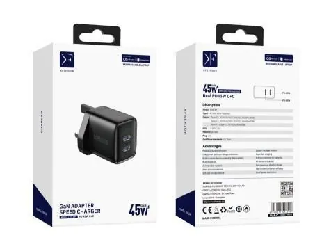 45W GaN Fast Charger · 2× USB-C · UK Plug — packaging