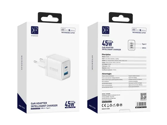 45W GaN Fast Charger · USB-C + USB-A — packaging